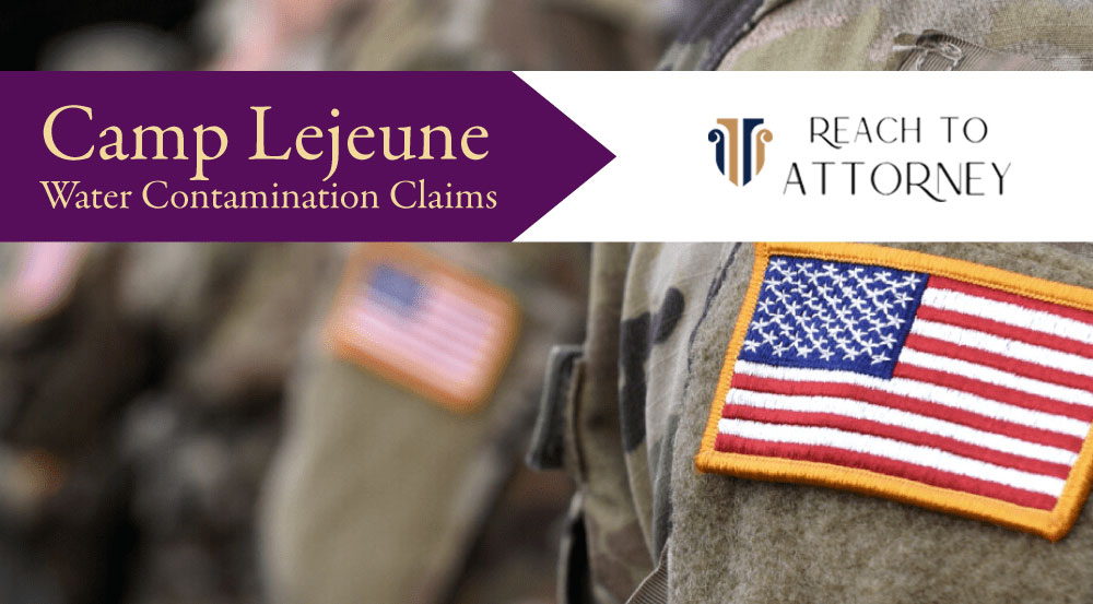 Campl alt= Promotional banner for camp lejeune water contamination claims, featuring u.s. flag on a military uniform and "reach to attorney" logo.